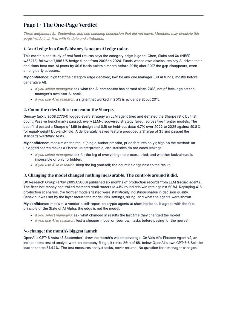 The AI Alpha Briefing, first page of the monthly memo