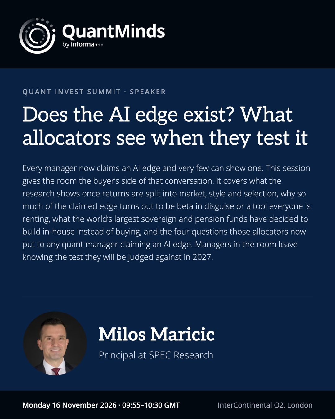 QuantMinds 2026 speaker card: Does the AI edge exist?